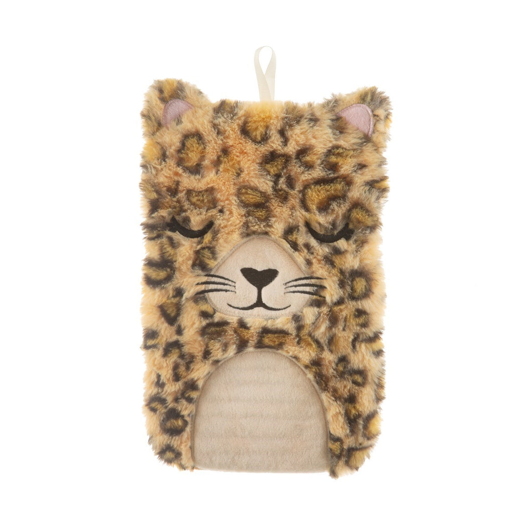 Sass & Belle Wärmflasche im Leoparden Design mit aufesticktem Gesicht und Ohren.