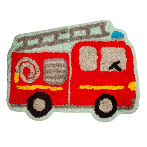 Deko-Teppich für das Kinderzimmer in Form eines roten Feuerwehr-Autos.