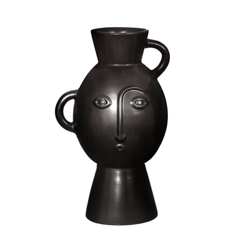 Vase mit abstraktem Gesichts-Design in schwarz von der Marke Sass & Belle. Die Blumenvase ist aus Keramik und hat eine bauchige Form mit 2 versetzten Henkeln.