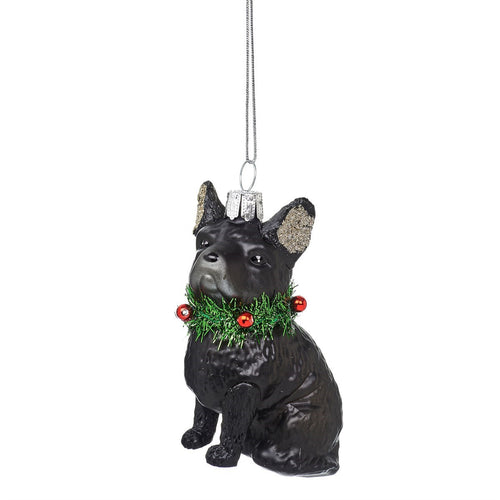 Weihnachtsanhänger aus Glas in Form einer schwarzen französischen Bulldogge, die eine Tannengirlande mit roten Weihnachtskugeln um den Hals trägt.