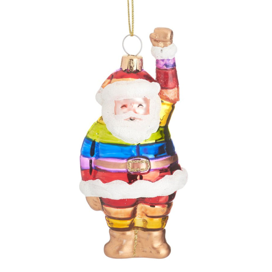 Weihnachtsanhänger aus Glas in Form eines Weihnachtsmann mit Regenbogen-Outfit.