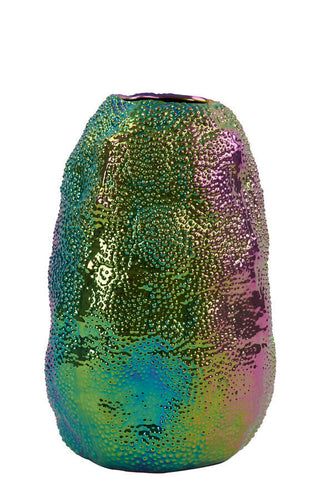 Blumenvase aus Keramik mit strukturierter Oberfläche in schillernder Oil-Slick-Optik in Regenbogenfarben.
