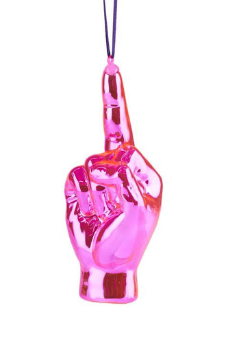 Weihnachtsanhänger aus Glas in Form eines Mittelfingers in leuchtendem Pink.