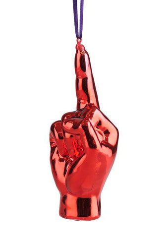 Weihnachtsanhänger aus Glas in Form eines Mittelfingers in leuchtendem Rot.