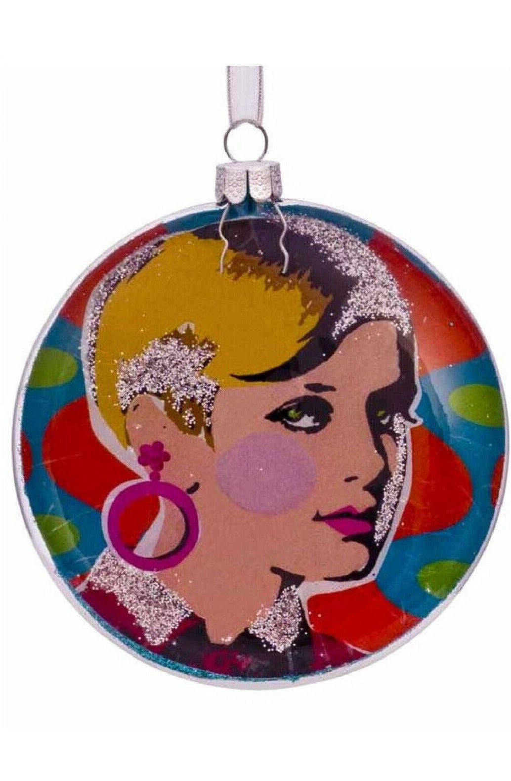 Weihnachtsanhänger aus Glas mit Grafik von Twiggy.