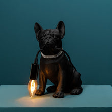 Lade das Bild in den Galerie-Viewer, Lampe Francis von Werner Voß in Form einer schwarzen französischen Bulldogge. Der Frenchie hält ein Kabel mit Fassung in der Schnauze. In die Fassung kann eine Glühbirne mit E14-Fassung eingeschraubt werden. Der Hund trägt ein Halsband mit glitzernden Strasssteinen.
